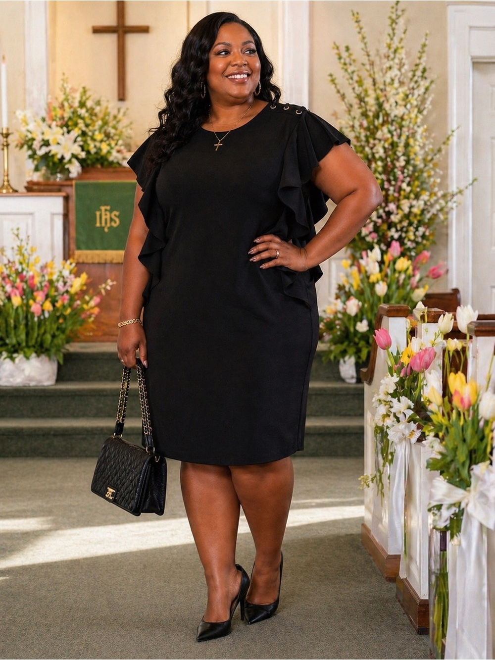 Elegant Black Ruffle Sleeve Dress